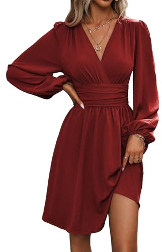 LIAMERHE Vestito Donna Elegante Manica Lunga Abito Scollo a V Casual Vestiti Autunno Inverno Mini Vestito Linea A Moda Vestitino Maniche Lanterne per Festa Natale Matrimonio Burgundy S