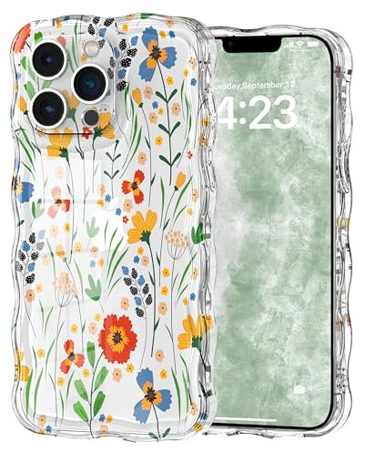 Micoden Cute Curly Wave Case for iPhone 13 Pro Max,Clear with Anti-Yellowing Flower Floral,Soft TPU Slim Bumper Shockproof Anti-Scratch Protective Wavy Cover for Girls Women-Orange