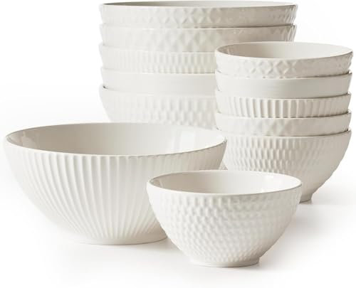 Maison Neuve Set of 12 White Ceramic Bowls - 6 White Soup Bowls (24oz) and 6 Dipping Bowls (9oz) - Dinner plates for Eating Salad, Dessert, Serving Dips & Sauces - Gift Set