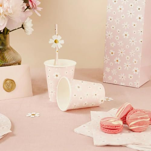 Lot de 8 gobelets jetables en carton motif marguerite rose