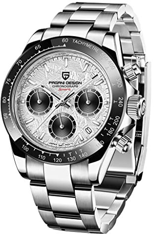 Pagani Design Herren Uhren VK63 Quarzwerk Edelstahl 100M Wasserdicht Panda-Zifferblatt Armbanduhr Chronograph 1644, Meteorit White, Klassisch