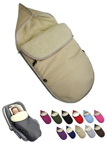 BambiniWelt Winterfußsack für Babyschale & Kinderautositz – universal für 3- & 5-Punkt-Gurtsysteme – Gruppe 0+ – Lammwolle, waschbar – warm & bequem für unterwegs, Farbe: beige