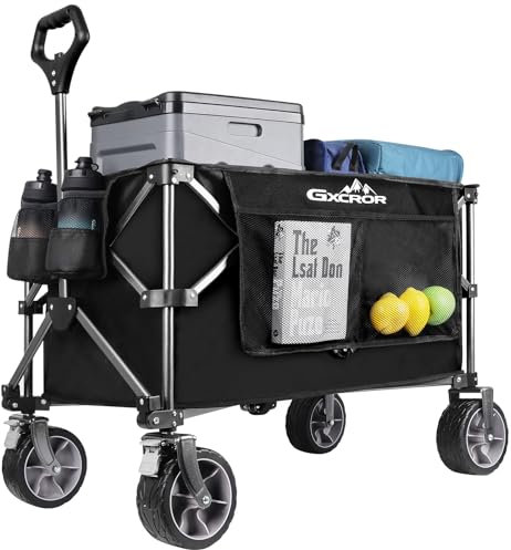 GXCROR Folding Trolley Cart 200L Collapsible Wagon 330 lbs Capacity Heavy Duty Outdoor Beach Wagon with Big Wheels for Camping Beach Garden