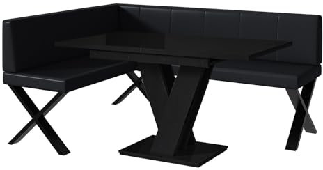 MEBLINI Eckbank für Esszimmer mit ausziehbarem Tisch - Küchenbank - Essecke - Sitzecke Küche - Peter - X-Beine 128x168x87cm Links - Schwarz Kunstleder/M Schwarz Hochgl.