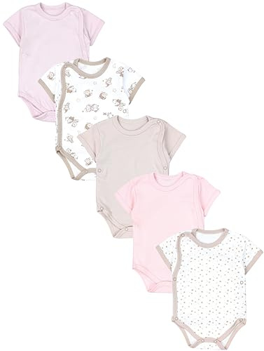 TupTam Baby Body Mädchen 5er Set – Kurzarm Wickelbody aus Baumwolle mit Print, Atmungsaktiv und Hautfreundlich, Farbe: Bärchen Beige Puderrosa Sterne Apricot, Größe: 68