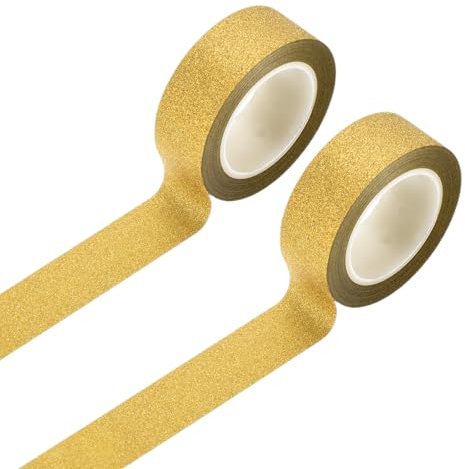 sourcing map Lot de 2 rouleaux de ruban adhésif Washi à paillettes de 1,5 cm x 10 m pour loisirs créatifs, emballage cadeau, scrapbooking, décorations de fête, doré