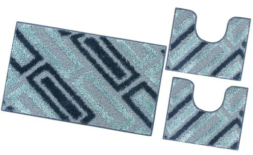 emmevi Tappeto Bagno Moderno Parure Set 3 Pezzi Soffice Shaggy Assorbente Antiscivolo Lavabile Blu
