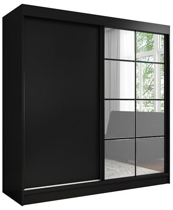 A&J MöbelLand Schwebetürenschrank TAVIRO Kleiderschrank 3-türig mit Schubladen, und Spiegel, Garderobe 200 cm (Schwarz)