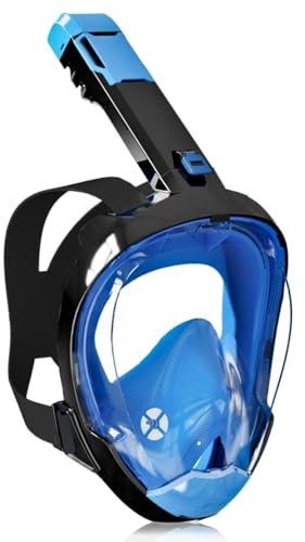 Riebex Tauchmaske Erwachsene Vollmaske mit 180°Vollgesichtsmaske HD-Antibeschlag CO2-Sicher mit Aufbewahrungstasche - Schnorchelmaske (Blau, L/XL)