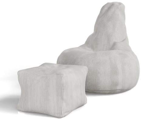 Juskys Sitzsack Chillex XL mit Hocker - Cord Sessel für Erwachsene - Füllung Memoryschaumstoff - Gaming & Lesesessel bequem - Bean Bag - Beige