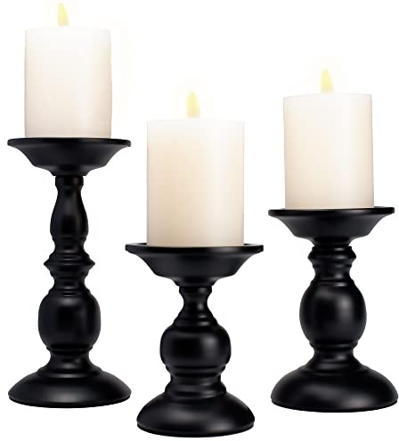 Schwarz Kerzenständer für Stumpenkerzen, 3er Set, Vintage Kerzenhalter für Tischdeko, Metall Kerzenleuchter Deko für Esszimmer & Wohnzimmer,