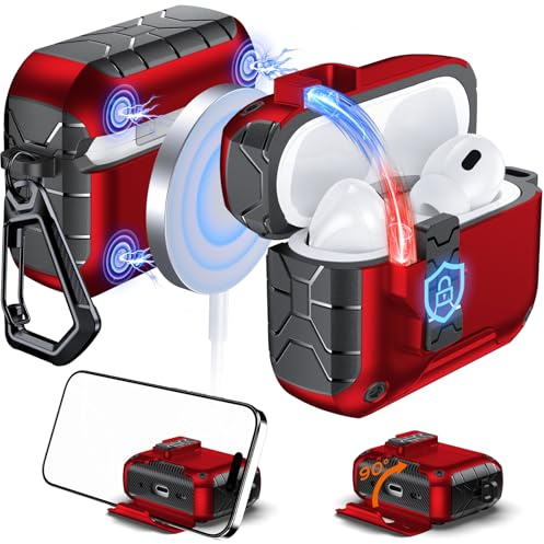Anqrp MagArmor Auto-Open für AirPods Pro 2./1. Generation Hülle mit integrierten Magneten, [Kompatibel mit Mag-Safe-Laden], Ganzkörper-Schutz in Militärqualität mit Air-AL-Karabiner, Rot