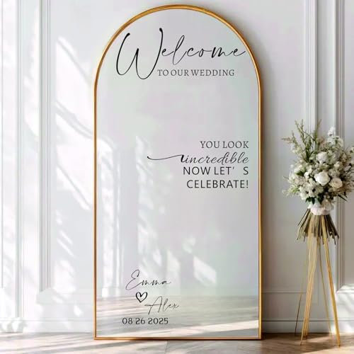 Willkommen Zu Unserem Hochzeitsspiegel-Aufkleber, Vinyl-Aufkleber, Benutzerdefinierte Namen Und Daten For Spiegel, Feiern Sie Hochzeitsschild, Wandaufkleber(42X54CM)