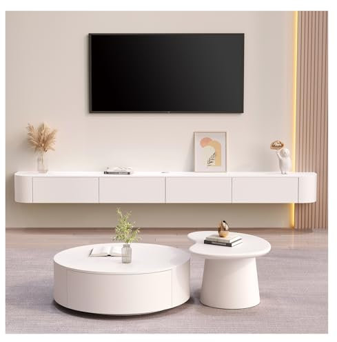 Générique Meuble TV sur Pied, Meuble TV Universel, Hauteur réglable, Meuble TV Flottant Moderne avec Meuble de Rangement sous TV, Meuble de Divertissement Blanc de 200 cm avec Plusieurs étagères