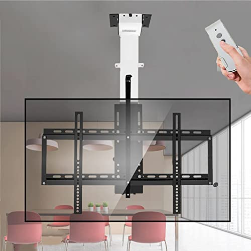 Support TV Plafond motorisé avec télécommande, Support TV Suspendu, élévateur TV électrique et réglage de la mémoire, pour téléviseurs 32 à 75 jusqu'à 50 kg/132 LB, Noir + Blanc,