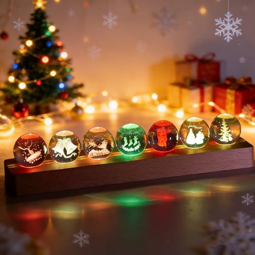 YWNYT Chakra-Kristallkugel in 7 Farben mit LED-Licht, Holzsockel, 7 Arten weihnachtliche Kristallkugeln, 40 mm Durchmesser, Nachtlicht, Weihnachtsdekoration