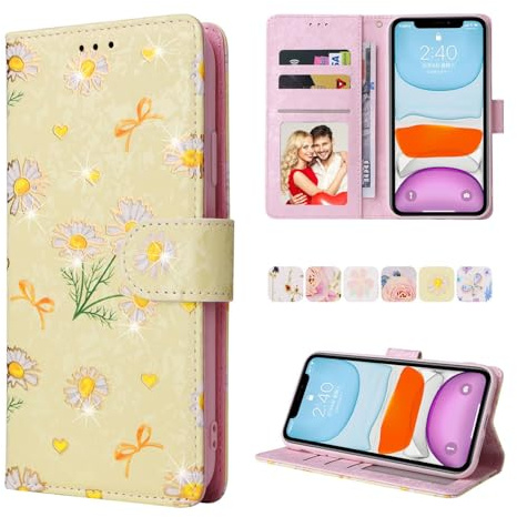 for iPhone 11 Case, RFID Blocking PU Leather Case with Glitter Gold Edges Flowers for Woman Girls, Shockproof Wallet Flip Phone Cover with Kickstand Magnetic Closure Card Holder, Yellow Daisy