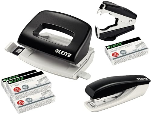 Leitz 5507 Stanz- und Lochgerät Bundle inkl. Aufbewahrungsklammern und Klammerentferner (Schwarz)