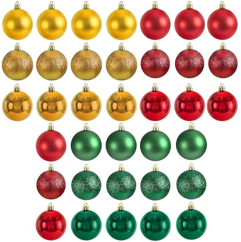 30 Mini Baubles - Small Shatterproof Tree Ornaments - Classic Red Green Gold Lightweight Decor for Valentine's Day, Wreath, Home & Office for Family