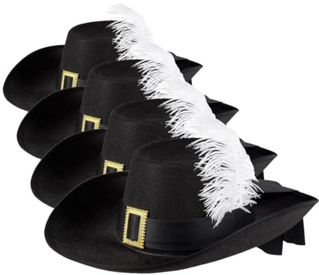Boland - Hut Musketier, aus Filz, Schwarz, Karneval, Mottoparty, Kostüm, Verkleidung, Accessoire (Packung mit 4)