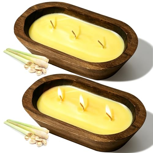 SCENTORINI Citronella Candles 2 Pack Triple Wick Wooden Bowl Garden Patio