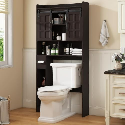 BonVache Farmhouse Over Toilet Storage Cabinet with Sliding Doors | Freestanding, Espresso Bathroom Organiser Unit, Space-Saving, Toilet Rack, Adjustable Shelves, Side Module, 67.5 H