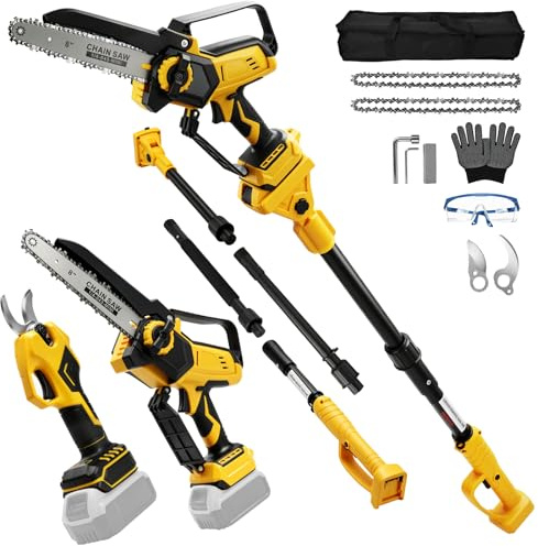 4-in-1 Cordless Pole Saw Electric Pruning Shears - 8 Inch Chainsaw and 0.98In Pruning Shears, for Dewalt 18V 20V Battery, with 6.6Ft Detachable Extension Pole, for Garden Tree Trimming Branches