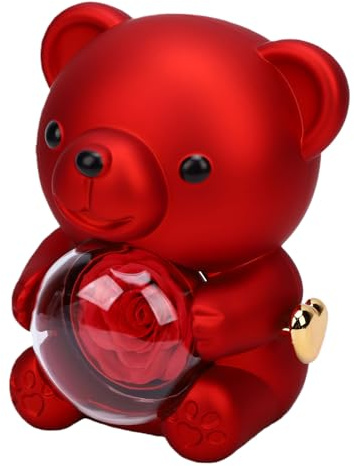 Riuulity Rotating Rose Ring Box, Cute Bear Jewelry Gift with Soap Flower for Women, Fiancee, Wife, Mother, Anniversary, Birthday, Proposal, Mother's Day
