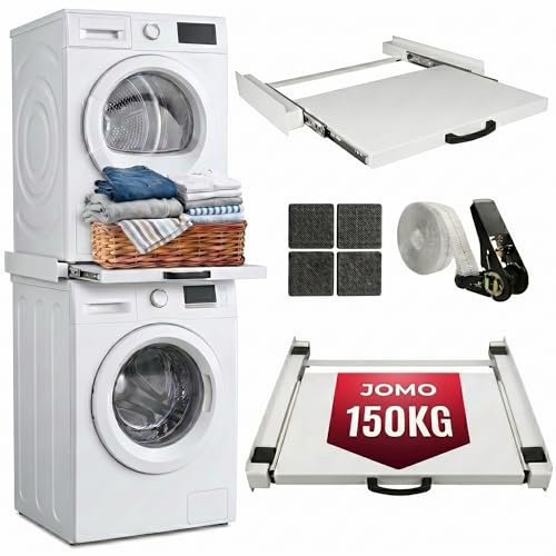 Valo - Marco de metal intermedio para lavadora y secadora, color blanco, 60 x 54 cm, kit apilable universal con estante extensible, capacidad de carga de 100 kg, kit apilable con cinta tensora para