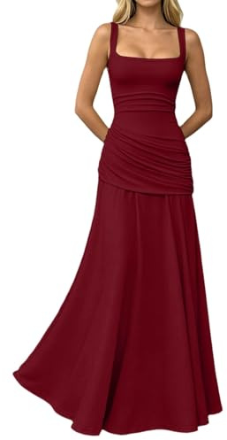 Abendkleider Elegant für Hochzeit Lang Damen Sommerkleider Chiffon Hohe Taille Festliche Kleider Plissiertes A-Linie Abschlusskleid Brautkleid Brautjungfernkleider Cocktailkleid mit Spaghettiträgern