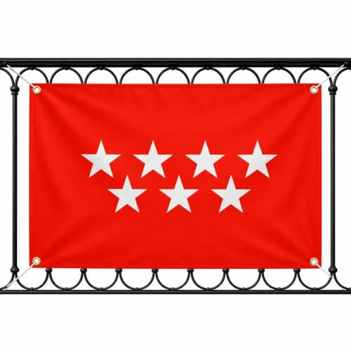 Bandera Madrid 90x150cm, Bandera Madrileña con 4 Ojales de Latón, Madrid flag, Banderas de Comunidades para exterior, Material Poliéster, Impresión ambas caras