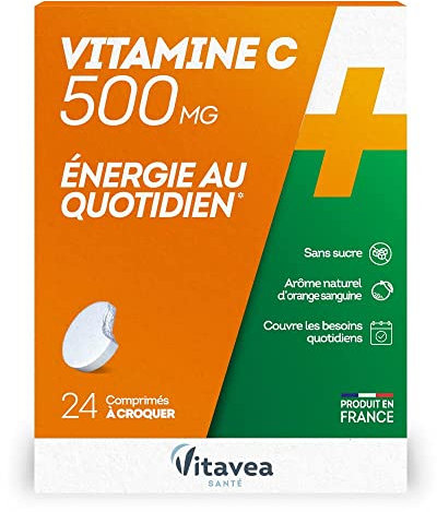 Vitavea - Vitamine C 500 mg - booster sans sucre arome naturel orange sanguine - fabriqué en France - 24 comprimés à croquer
