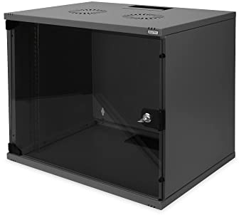 DIGITUS Netzwerkschrank – 19-Zoll Rack 9HE – Unmontiert – Wandmontage – 400 mm Tiefe – 270 mm Nutztiefe – Traglast 60 kg – Glastür – SOHO-Serie – Schwarz