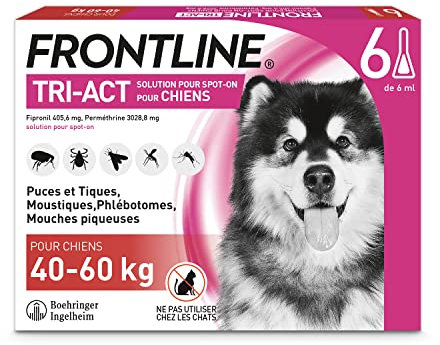 FRONTLINE Tri-Act Chien - Anti Puces, Tiques, Moustiques, Phlébotomes & Mouches - Pour Très Gros Chien De 40 à 60 kg - Fabriqué En France - 6 Pipettes Application Spot On