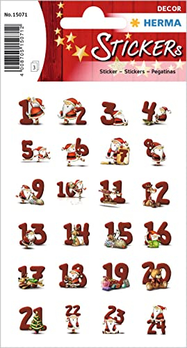 HERMA 15071 Aufkleber Zahlen 1-24 klein groß, 72 Stück, Weihnachten Sticker mit Weihnachtsmann Nikolaus Motiv, Nummer Ziffer Klebezahlen Etiketten für Weihnachtsdeko Adventskalender Deko DIY Basteln