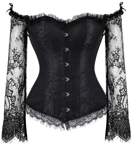 SZIVYSHI Women's Overbust Lace up Back Corset with Shoulder Sleeve and Long Skirt , Black -L(Waist:70cm)
