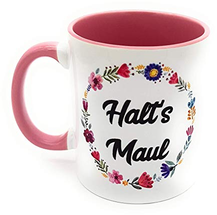 Kilala Lustige Statement-Tasse in Rosa mit Spruch: Halt’s Maul, mit Vintage-Blumenranke, spülmaschinen- und mikrowellengeeignet