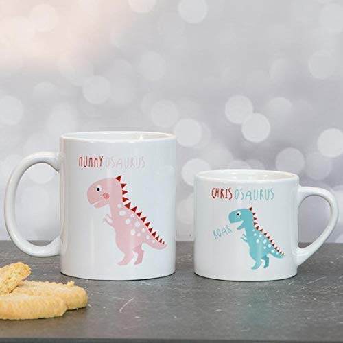 Personalised Parent and Child Mug Set - Father Son Mother Daughter Adult plus Kids Sized Cup Set | Family Baby Chino Mug, Gift Idea for Mother's or Father’s Day Dad Mam (Dinosaur Family Mug Set)