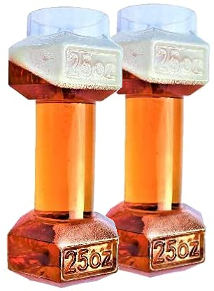 Dumbbell beer glasses, shipped in robust packaging with 25OZ molded on side, each glass holds 25 ounces of beer; a funny present for both men and women (2, Not personalized)