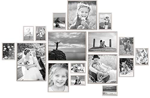 PHOTOLINI Alu-Bilderrahmen-Set Silber schmal, 17er Set Metall-Rahmen aus Aluminium, bruchsicheres Acrylglas, zum Aufhängen, extra Zubehör, modernes Design für Poster & Fotos