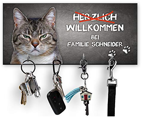 Unikatolo Schlüsselbrett mit Name Katzenmotiv, witziges Geschenk zum Einzug, Schild Spruch, Wandhaken Wanddekoration Geburtstag Einzug Richtfest Hochzeitsgeschenk Katzen Deko