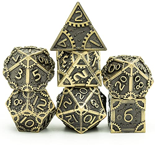 World of Dice Steampunk Polished - 7-teiliges Pen and Paper Würfelset aus Metall, mit Zahnrädern, Metall Würfel (ohne Etui)