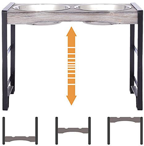 Satauko Elevated Dog Bowls with 3 Heights Adjustable, Metal Raised Stand Dog Food and Water Bowls Diner Pet Feeder, Nonslip No Spill Wood Pet Elevated Feeder with 2 Removable Stainless Steel Bowls.