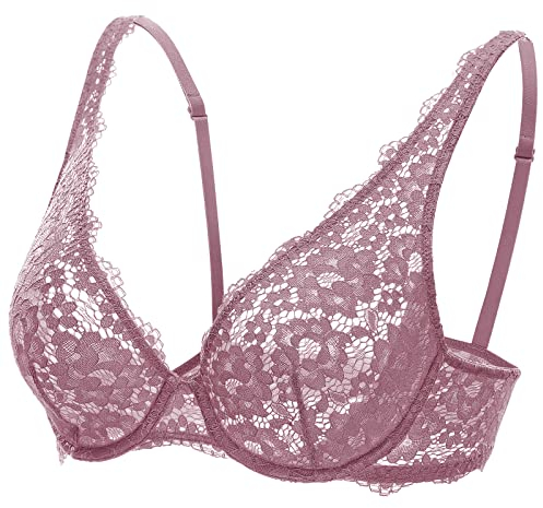 DOBREVA Damen Spitzen BH Sexy Bralette mit Bügel Minimizer ohne Einlagen Orchideenrose 80C