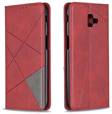 Posanter Coque pour Samsung Galaxy J6 Plus 2018, Housse Portefeuille en Cuir Etui de Protection avec Slim TPU Silicone Bumper Magnétique Flip Case, Porte Cartes avec Fonction Support Cover (Rouge)