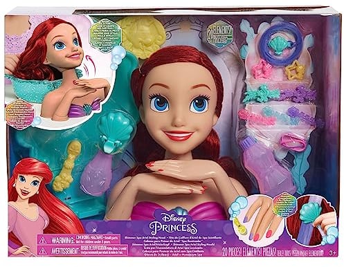 Just Play Testa da pettinare di Ariel della Collezione Principesse Disney Shimmer Spa da 20 cm con Accessori, 7 Pezzi, Capelli Rossi, Giochi di finzione, Giocattoli per Bambini dai 3 Anni