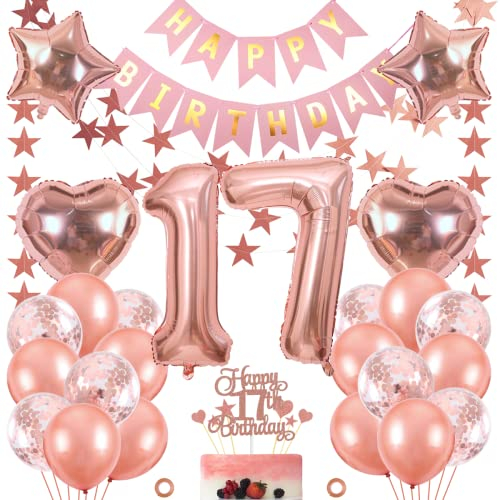 Jxuzh 17. Geburtstag Deko - Mädchen Luftballon & Rosegold Happy Birthday Dekoration - 33pcs