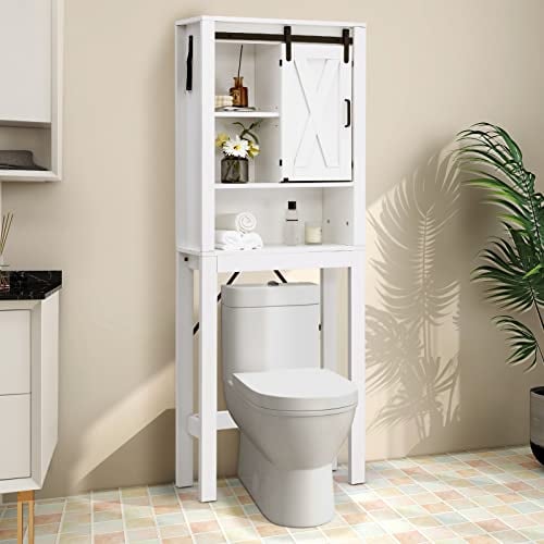 LIFEZEAL Meuble au-Dessus des Toilettes avec 3 Étagères Ouvertes et Porte Coulissante, Meuble de Rangement pour WC en Bois, Meuble sur WC, 68 x 22 x 171 CM (Blanc)