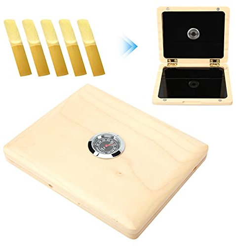 Blattetui, Saxophon Klarinette 5-Blatt Etui Halter mit Hygrometer für professionelle Musiker, Schüler und Hobbyisten, Natürliche Holzfarbe, Spielzubehör für Konzerte, Proben und tägliche Übungen