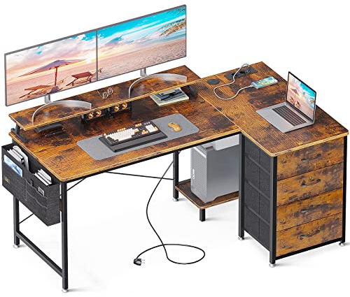 ODK Scrivania Angolare con Cassetti, Scrivania a L Reversibile con Porta di Ricarica USB e Presa di Corrente, Tavolo Salvaspazio per Casa Ufficio (140x80x84.7cm, Marrone)